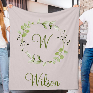 Cobertor De Velo Monograma de Script Eucalipto Verde e Leaf Wreath