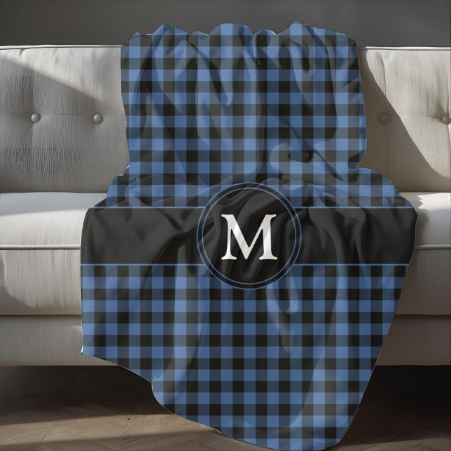 Cobertor De Velo Monograma de Xadrez Azul Moderno (Modern Blue Plaid Checks Monogram Fleece Blanket)