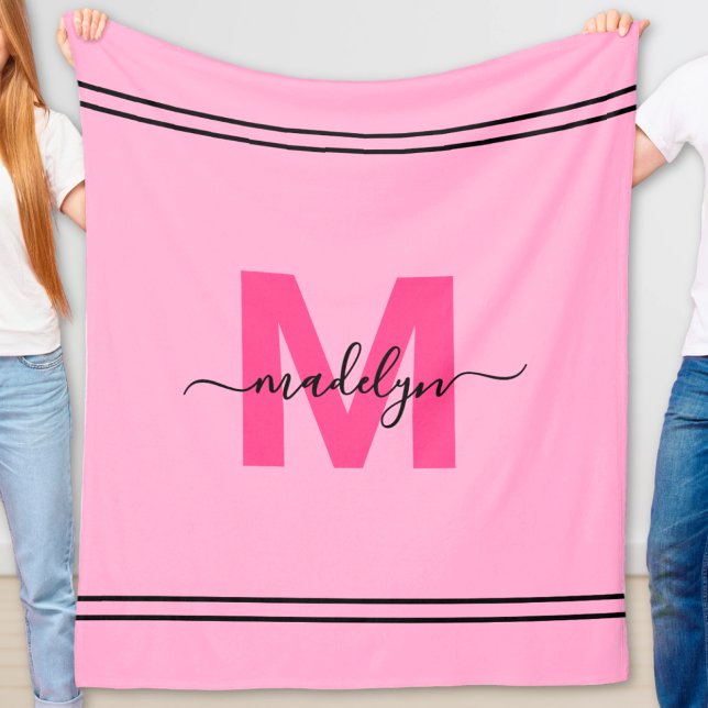 Cobertor De Velo Monograma do Nome do Script Girassol Rosa Quente (Hot Pink Girly Script Name Monogram Fleece Blanket)