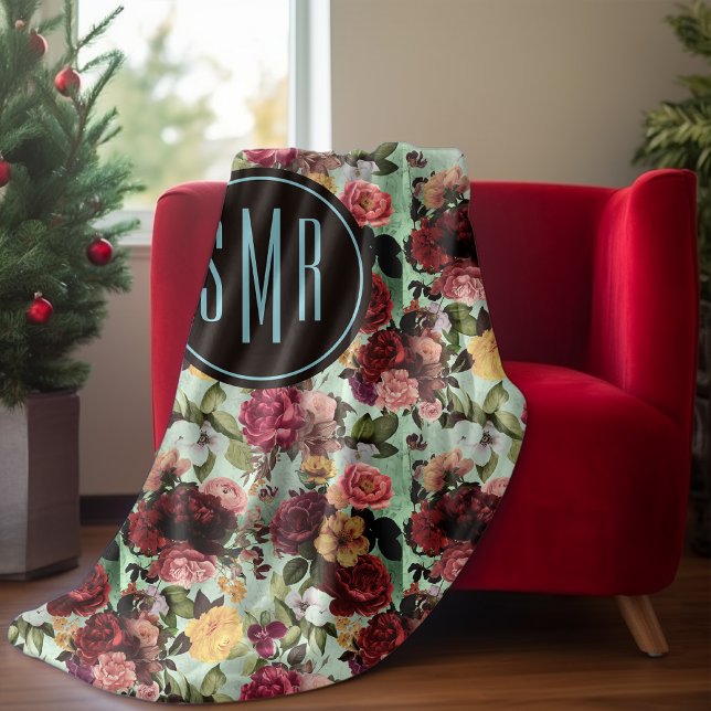 Cobertor De Velo Monograma do padrão aqua das flores rosadas Elegan (Criador carregado)