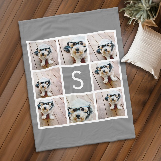 Cobertor De Velo Monograma do Solteiro de Colagem de Fotografias Br (Personalized fleece blanket with 8 photos and a monogram)