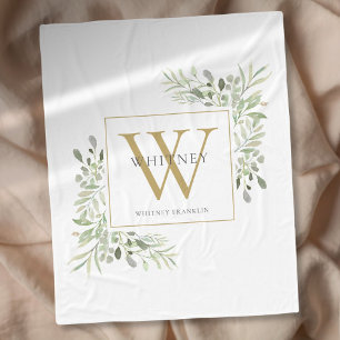 Cobertor De Velo Monograma Dourado de Aquarela com Folhagens