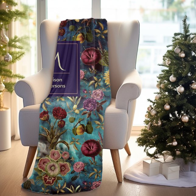 Cobertor De Velo Monograma floral azul-vegetação (Criador carregado)