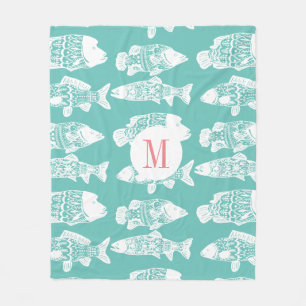 Cobertor De Velo Monograma floral branco litoral na moda dos peixes