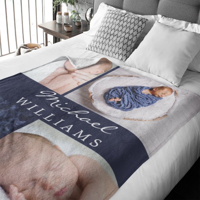 Cobertor De Velo Monograma Fotos Marinho Colagem Azul Novo Bebê (Celebrate your new addition with this 4 photos monogrammed fleece blanket.)