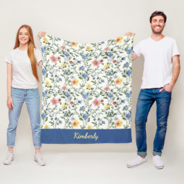 Cobertor De Velo Monograma Nome Flor Silvestre Aquarela Azul Amarel