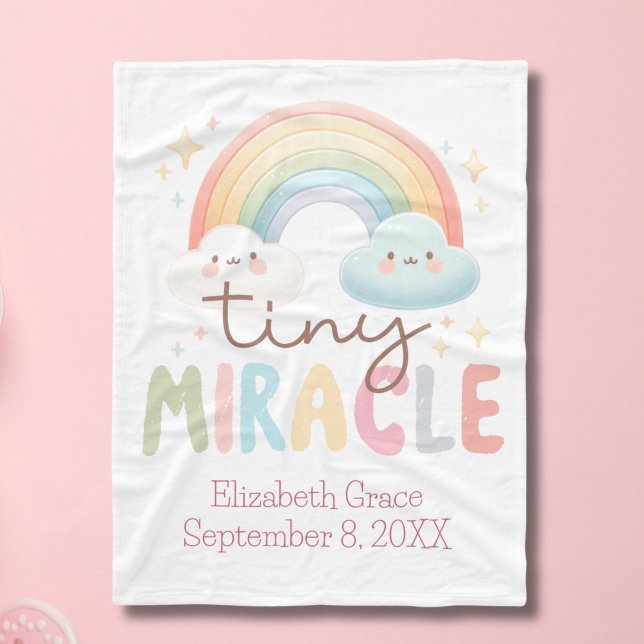 Cobertor De Velo Monograma Nome Rainbow Birds Stats Girl Baby (Rainbow Tiny Miracle Monogram Name Birth Stats baby girl baby blanket)