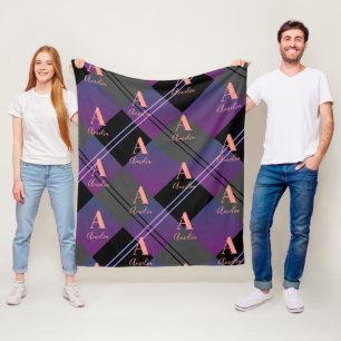 Cobertor De Velo Monograma Nome Xadrez Roxo