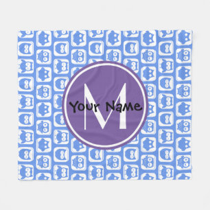 Cobertor De Velo Monograma Personalizado de Coruja Azul e Lilac N1 