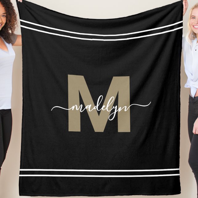 Cobertor De Velo Monograma Personalizado de Nome Dourado Preto (Personalized Black Gold Name Monogram Fleece Blanket)