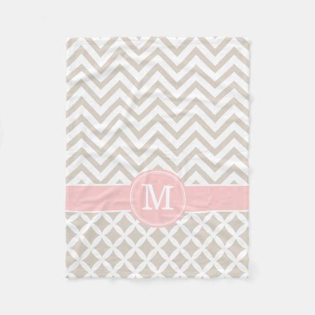 Cobertor De Velo Monograma Personalizado Linen Beige e Chevron Rosa (Frente)