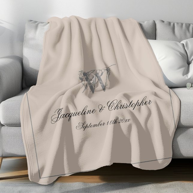 Cobertor De Velo Monograma Rustic Personalizado de Nova Guarda (Elegant gray monogram with black font names and gray border against beige background fleece blanket.)