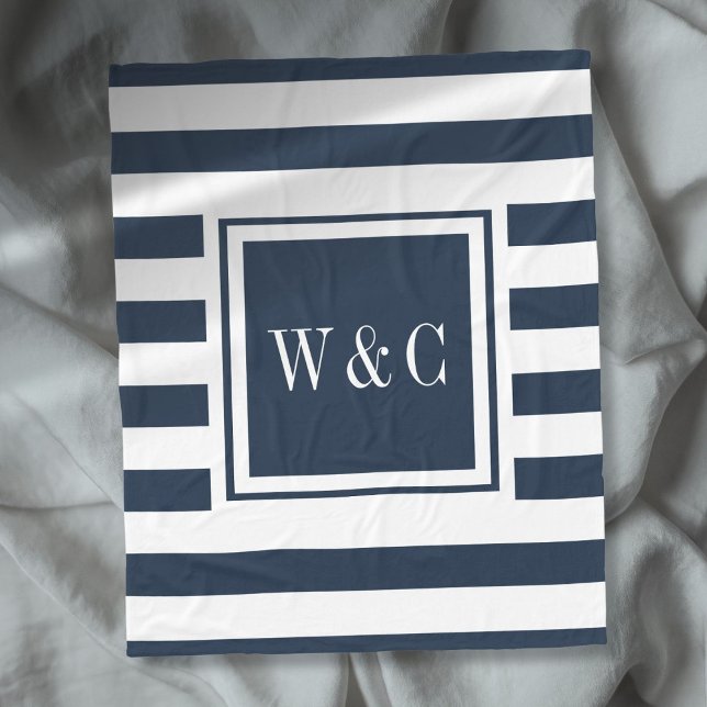 Cobertor De Velo Monograma Tendência Azul Marinho Branco Listrado (Navy Blue White Stripe Trendy Monogram Fleece Blanket)