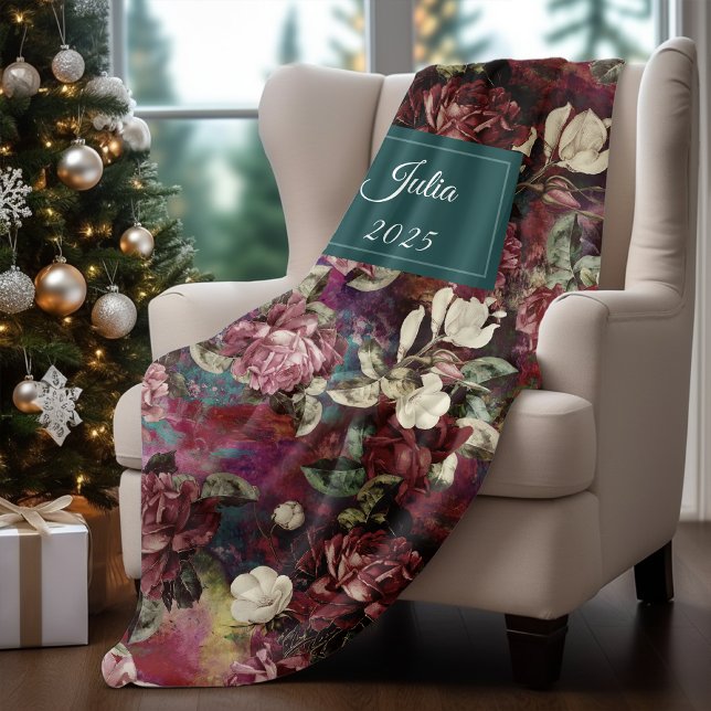 Cobertor De Velo Monograma vermelho-padrão das flores rosadas Elega (Criador carregado)