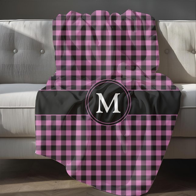 Cobertor De Velo Monograma Xadrez Rosa Moderno (Modern Pink Plaid Checks Monogram Fleece Blanket)