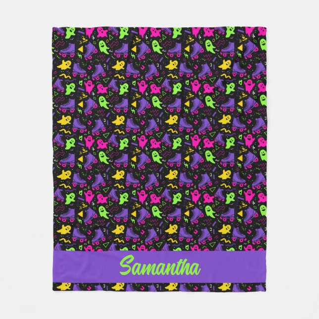 Cobertor De Velo Monogramas Neon e Skates Halloween (Frente)