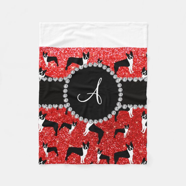 Cobertor De Velo Monogramas neon red glitter boston terriers (Frente)