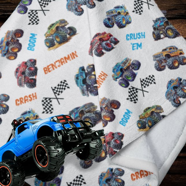 Cobertor De Velo Monster Truck Boom Crunch Crash Nome do Menino (Monster Truck Boom, Crunch, Crash, Crush 'Em Boy's Name Fleece Blanket)