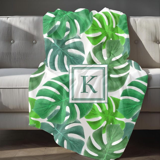 Cobertor De Velo Monstera Deliciosa Deixa Padrão Monograma (Monstera Deliciosa Leaves Monogram Pattern Fleece Blanket)