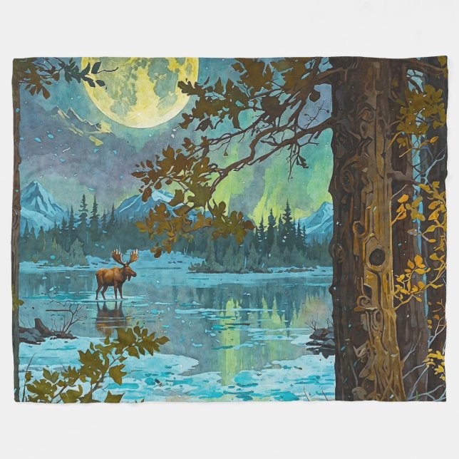 Cobertor De Velo Moose Canadiana e Lua de inverno (Frente (Horizontal))