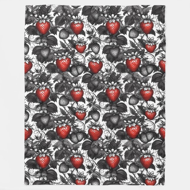 Cobertor De Velo Morangos Pretos, Brancos e Vermelhos por toda part (Frente)