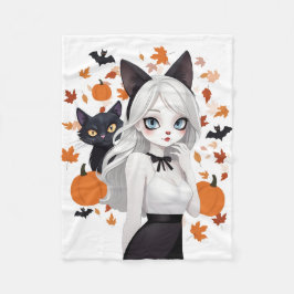 Cobertor De Velo Mulher de anime com gato preto.