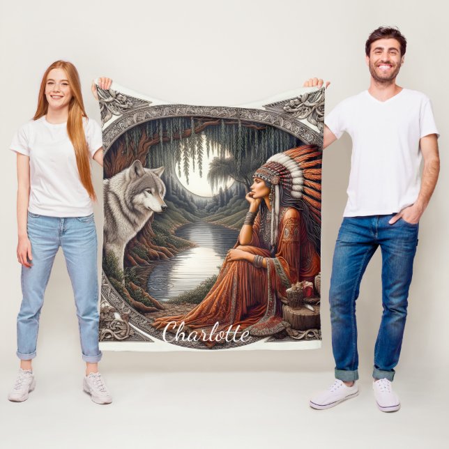 Cobertor De Velo Mulher nativa com lobo perto do rio (In Situ)