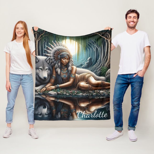 Cobertor De Velo Mulher nativa compartilha um momento com lobo (In Situ)