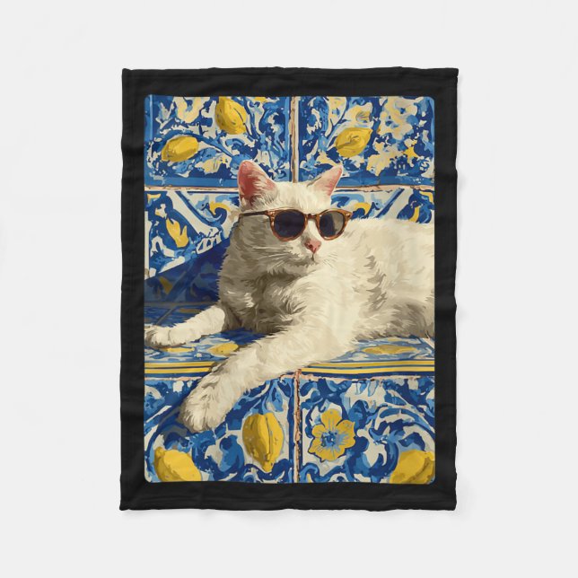 Cobertor De Velo Mulheres Gato Branco Fofo Com Óculos De Sol Medite (Frente)