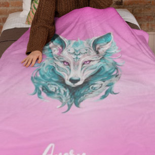 Cobertor De Velo Mystical Wolf   Turquesa Elegante e Lobo Rosa
