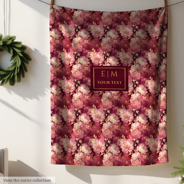 Cobertor De Velo Na moda Blush Burgundy Dourado Boho Floral (Stylish Blush Burgundy Gold Custom Boho Floral Fleece Blanket)