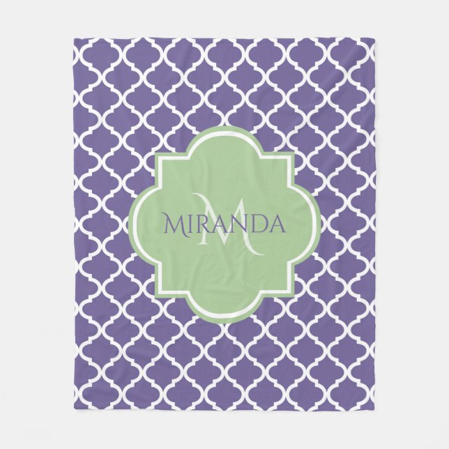 Cobertor De Velo Na moda Purple Quatrefoil e Nome Monograma Verde (Frente)