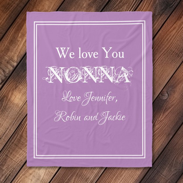 Cobertor De Velo Não Te Amo, Vovó Bonita Dar Netos ("We Love You NONNA" Custom Family Names, White and Mauve Fleece Blanket.)