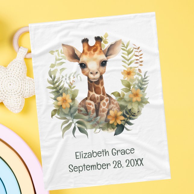 Cobertor De Velo Nascimento Stat Baby Giraffe Jungle Flower Baby Bl (Birth Stats Baby Giraffe Baby Blanket. Add babies name and birthday. Baby Shower gift, New baby gift)
