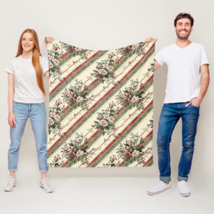 Cobertor De Velo Natal Floral Vermelho Antigo com Listras de Frutas