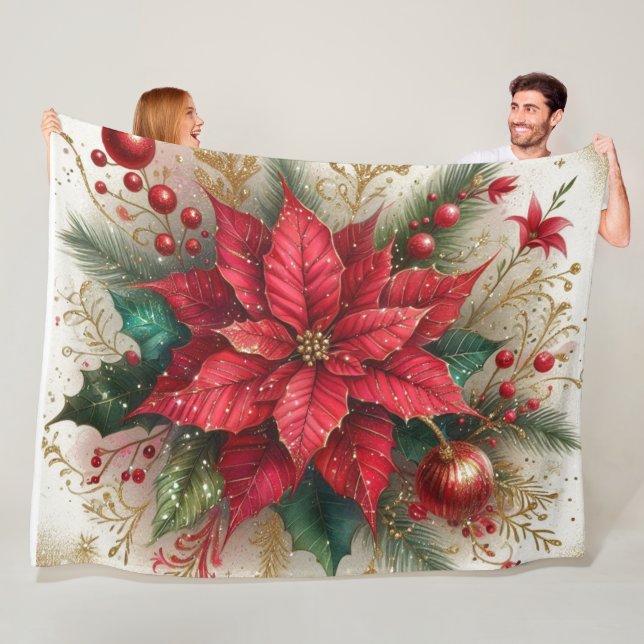 Cobertor De Velo Natal Red Poinsettia Floral Fleece Blanket (In Situ)