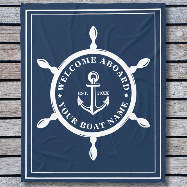 Cobertor De Velo Náutica Personalizada Nome do Barco Âncora Marinho (Nautical Custom Boat Name Anchor Wheel Navy Blue Fleece Blanket)