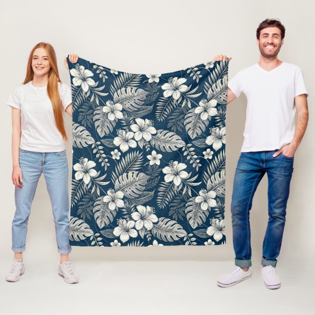 Cobertor De Velo Navy Blue Hibiscus Monstera Tropical Botanical (In Situ)