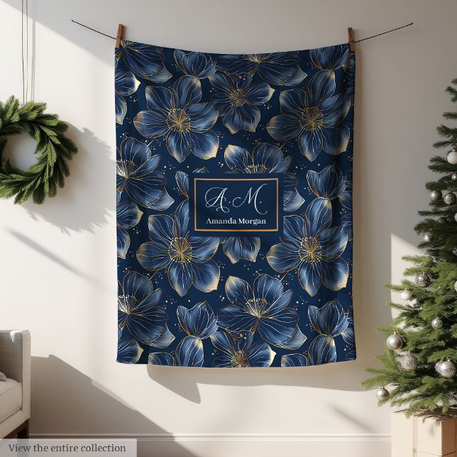Cobertor De Velo Navy Gold Floral Blanket Chic Personalized Gift (Navy Gold Floral Blanket Chic Personalized Gift)
