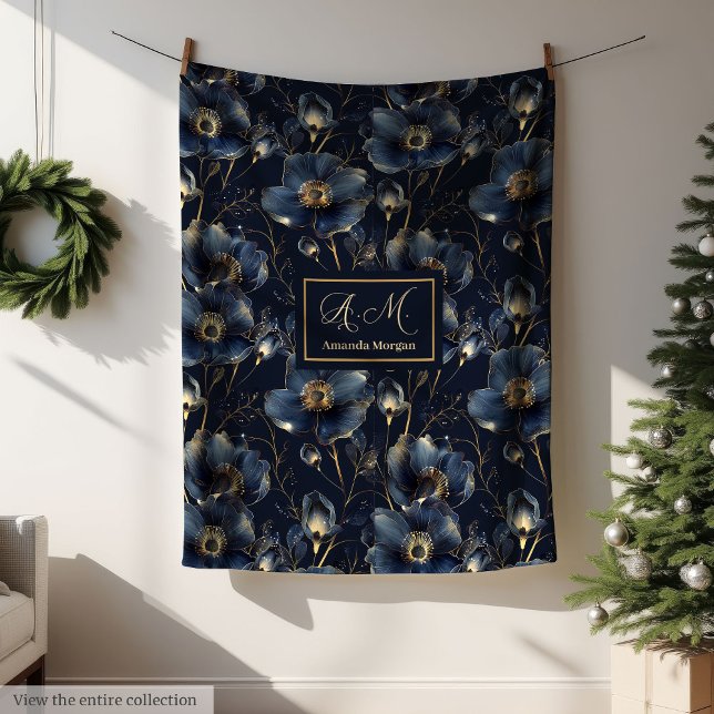 Cobertor De Velo Navy Gold Flower Blanket Modern Custom Name Style (Navy Gold Flower Blanket Modern Custom Name Style)