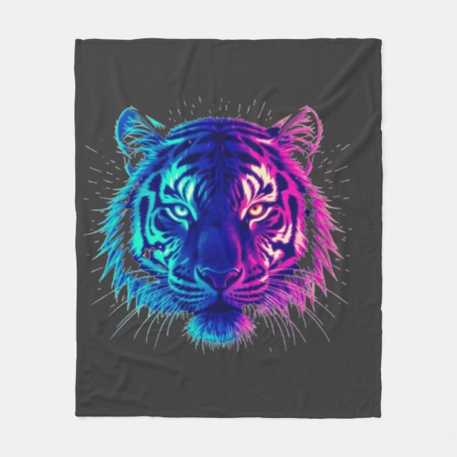 Cobertor De Velo Neon White Tiger – Glowing Cyberpunk Wildlife Art (Frente)