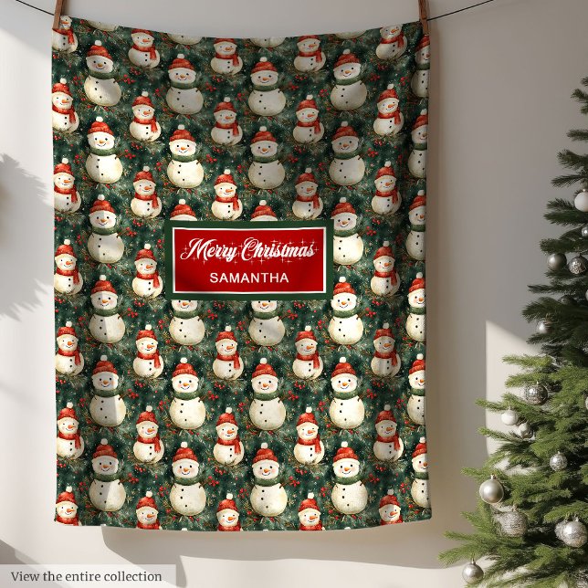 Cobertor De Velo Neve Grande Sábado Verde Reprodutivo (Playful Watercolor Snowman Deep Sage Green Red Fleece Blanket)