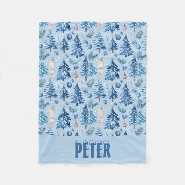 Cobertor De Velo Neve Natal e Árvores Azul Claro com nome (Frente)