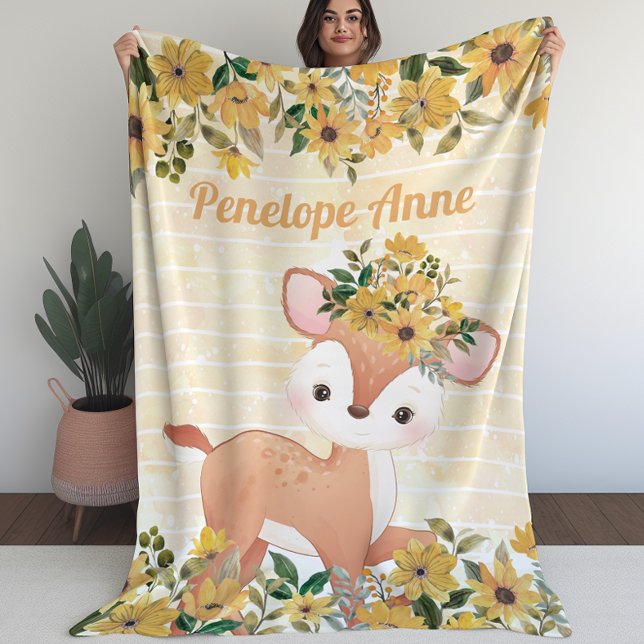 Cobertor De Velo Névoa com flores solares Folheto com Nome (Baby Deer with Sunflowers Fleece Blanket with Name (L))