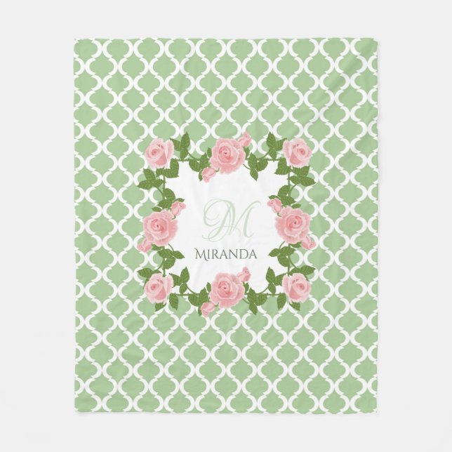 Cobertor De Velo Nilo Verde Quatrefoil Rosa Monograma Rosa Rosa Com (Frente)