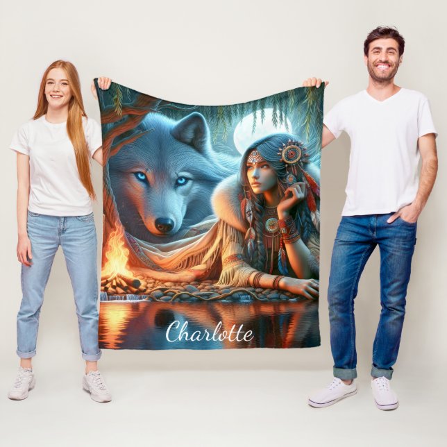 Cobertor De Velo Noite pacífica por rio: Nativo e lobo (In Situ)