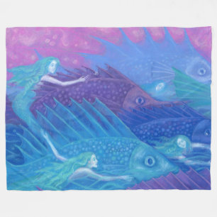 Cobertor De Velo "Nômades do Oceano" fantasia arte, peixes, sereia