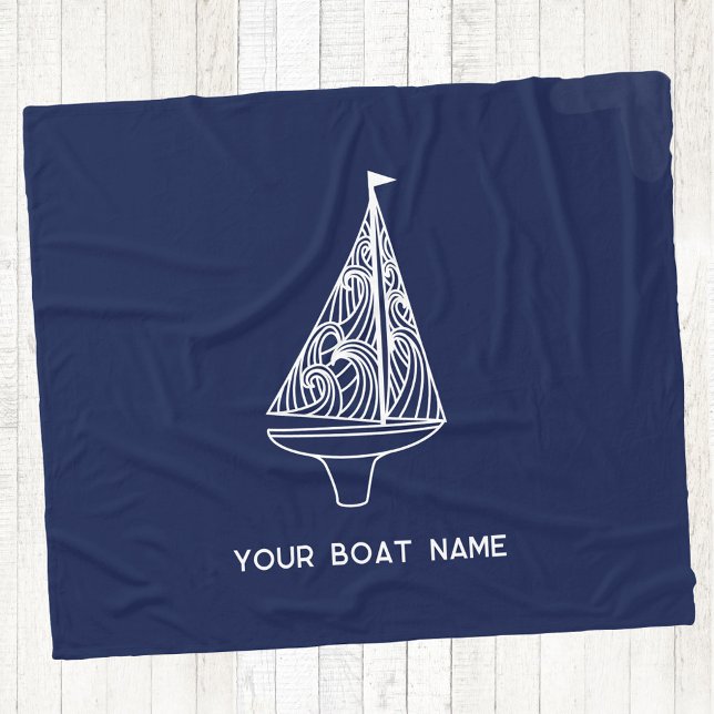 Cobertor De Velo Nome da embarcação à vela Azul Marinho náutico (Your boat name custom text sailing boat yacht navy blue fleece blanket)