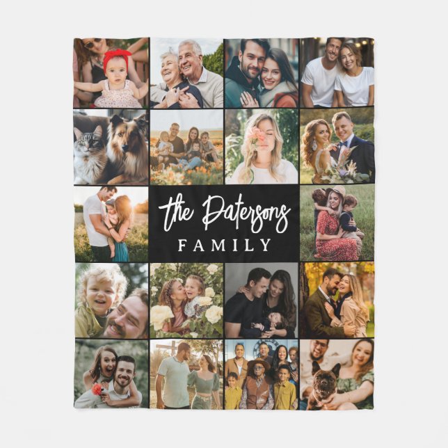Cobertor De Velo Nome da família 18 Colagem de fotos preto elegante (Frente)