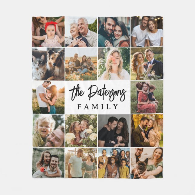 Cobertor De Velo Nome da Família 18 Colagem de Fotos Script Elegant (Frente)